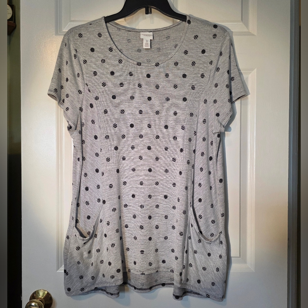 Chico's Weekends Gray Black Polka Dot Women's Top With Pockets XL EUC - Picture 10 of 10